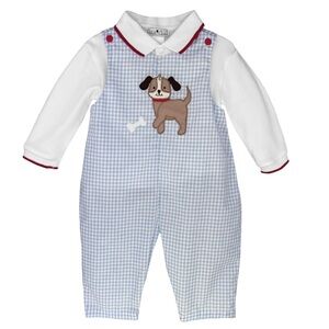 Blue and White Gingham Baby Romper with Dog Design